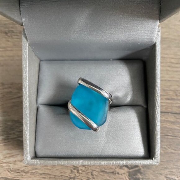 Hand Crafted Jewelry - Azure Blue Beach Sea Glass Adjustable Silver RIng Sz 7